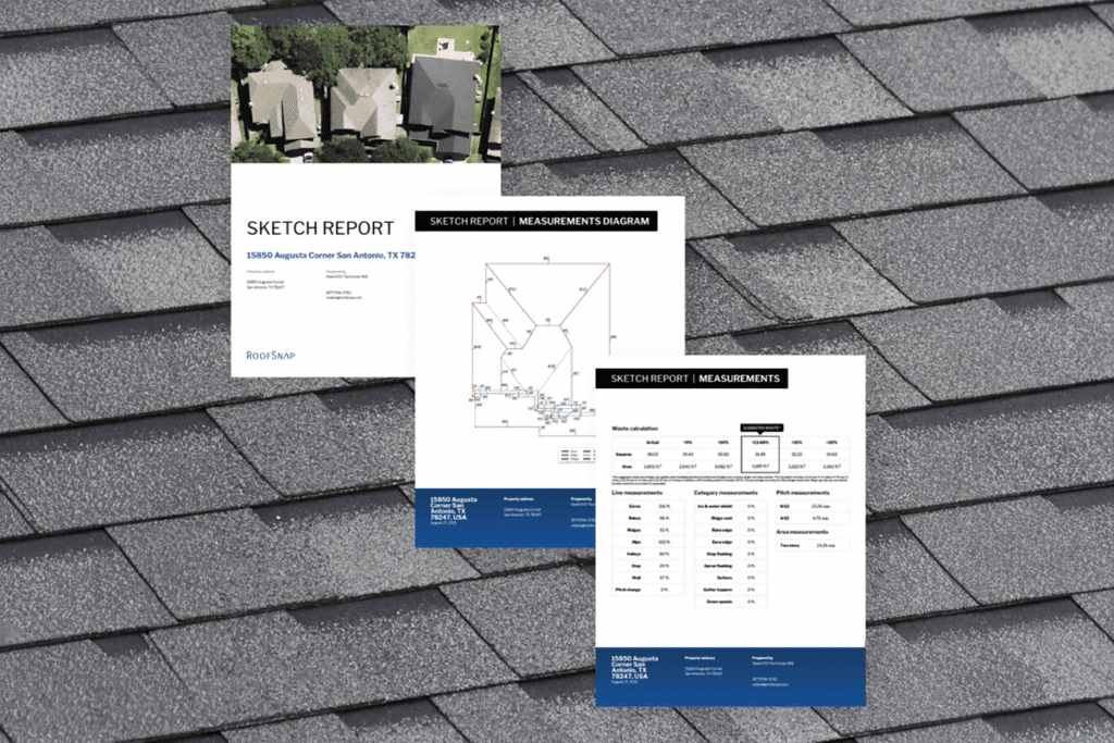 RoofSnap sketch report with measurements and diagram on top of roofing shingles, showcasing roofing technology.