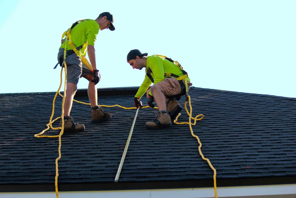 Two workers measuring the roof while using safety ropes, ensuring proper project management during installation.