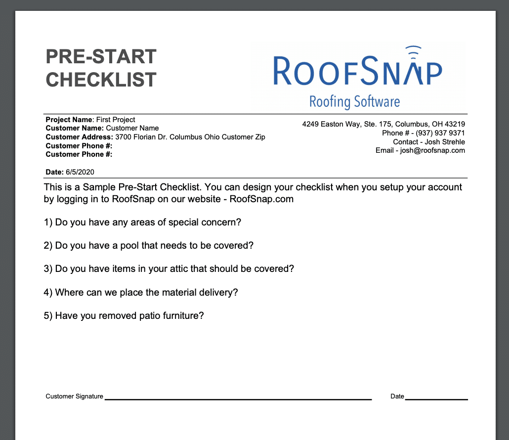 A sample Pre-Start Checklist in RoofSnap
