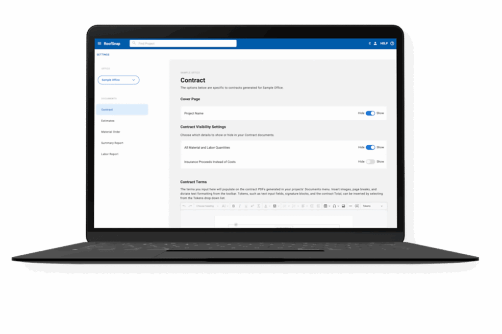 Roofing estimating software interface on a laptop showing contract settings and roofing quotes customization options.