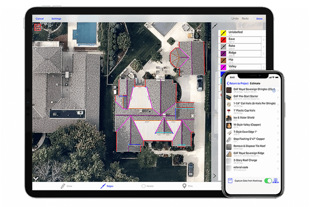 A roofing estimating software showing aerial roof measurements and materials list for an accurate estimate.