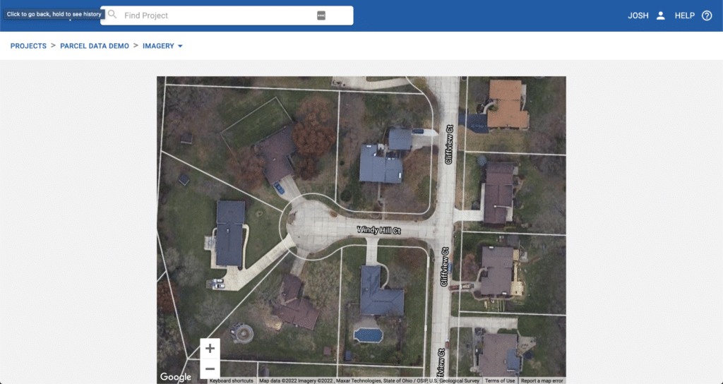 A view of RoofSnap's updated web app with property lines overlaid.